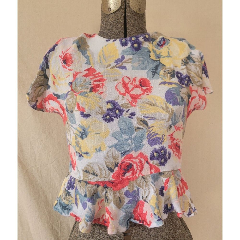 Vintage 70s 80s Floral Peplum‎ Short Sleeve Flowy Top Summer Rayon Flax USA